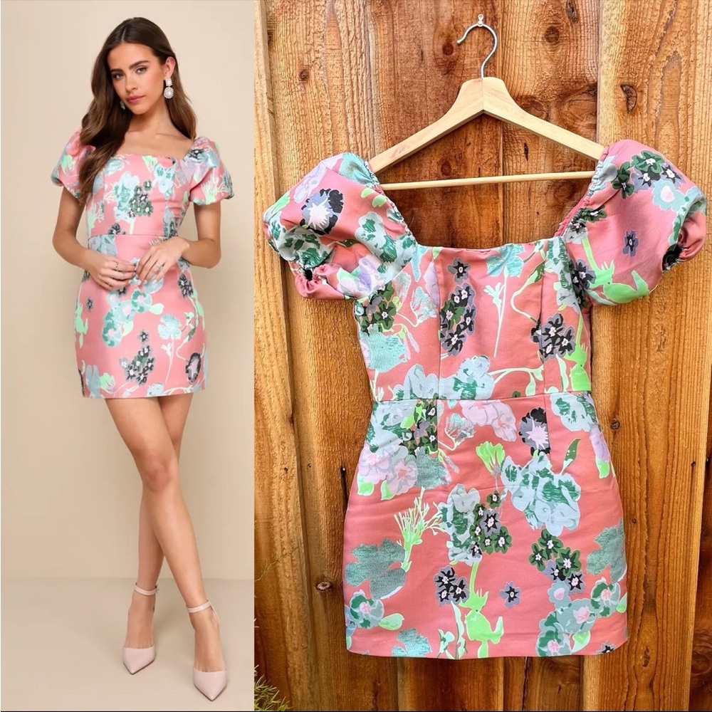 🌿 Coral Pink Multi Floral Jacquard Puff Sleeve Mini Dress 🌿